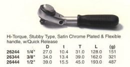 High Torque Ratchet Handles, Stubby Type, Satin Chrome Plated & Flexible Handle, w/Quick Release