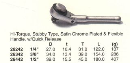 High Torque Ratchet Handles, Stubby Type, Satin Chrome Plated & Flexible Handle, w/Quick Release